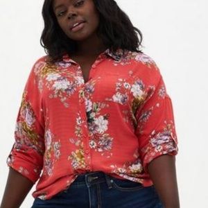 Torrid Floral Long Sleeve Roll Tab Drop Shoulder Button Front Blouse Plus Size 2